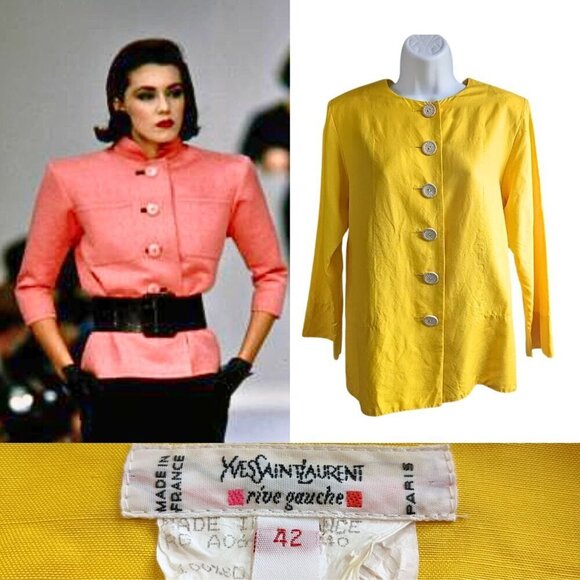 Vtg 1986 YVES SAINT LAURENT RIVE GAUCHE Yellow Silk Stone Button Jacket Sz 42/6 - Picture 1 of 9